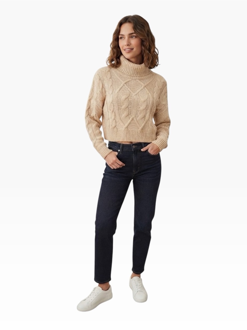 FORE Women’s Beige Chunky Cable-Knit Cropped Turtleneck Sweater  Size M